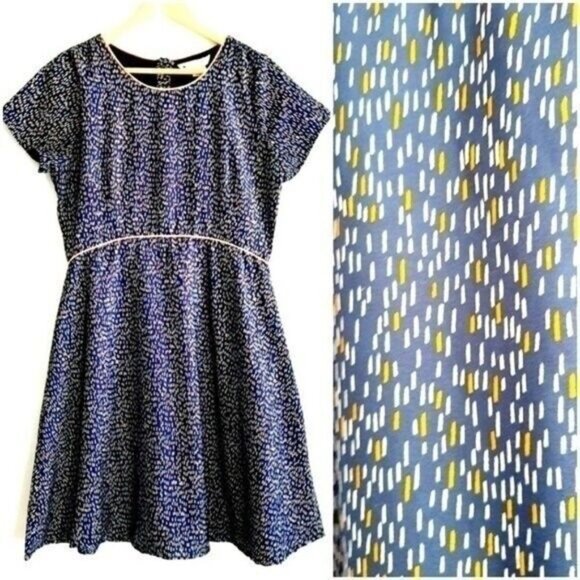 YUMI | Fit & Flare Short Slv Summer Tea Dress Navy Blue Yellow & White Sz 10 L - Picture 1 of 16